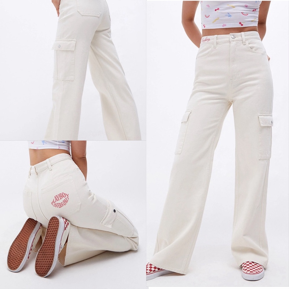PLAYBOY x PACSUN Cream Off-White Cargo Bootcut Denim Jeans Size 22 (Juniors 00)